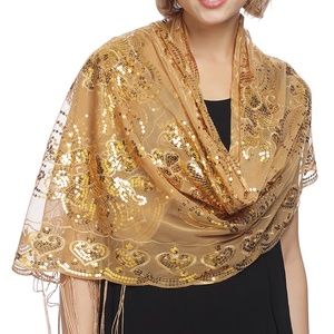 GOLD- Mesh Sequin Metallic Shawl Scarf with Fringe